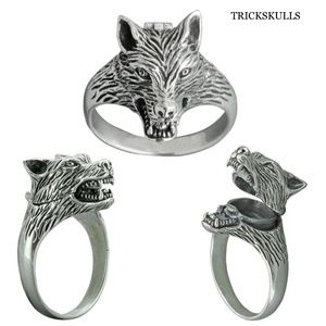 New Retro Wolf Head Poison Pill Secret Compartment Locket Ring 8 9 10 11 12 13
